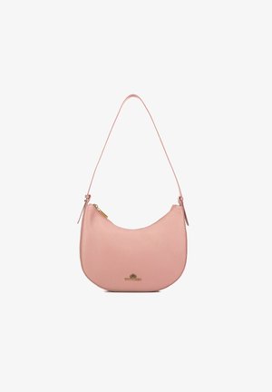Sac à épaule en cuir rose avec une forme arrondie, une texture lisse et un petit détail de fermeture éclair. Il présente un logo doré à la base.