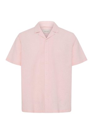 Hellrosa Kurzarm-Hemd mit Knopfleiste und legerem Kragen, frontseitig auf weißem Hintergrund gezeigt.