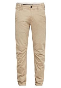 Beige cotton chinos with a slim fit, front and back pockets, belt loops, and a button closure. Smooth texture, simple design.