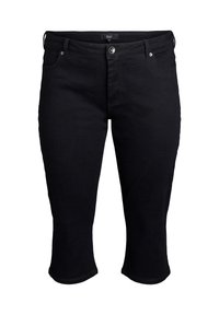 Pantaloni capri in denim nero con design aderente, cinque tasche e chiusura frontale con bottone. Orlo cucito e texture opaca sottile.