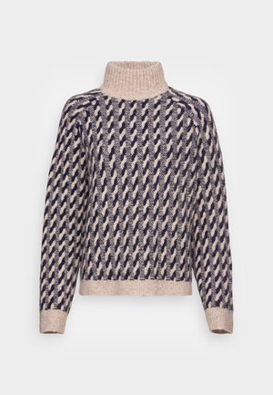 Sweter o fakturowanym splocie z wysokim golfem, w kremowo-nawodnym wzorze diagonalnym oraz ściągaczami przy mankietach i dole. Miękki, ciepły materiał.