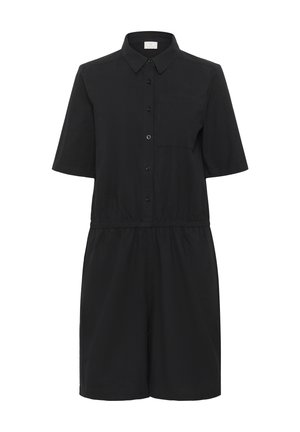 Must have lühikesed varrukad must rompertuudius nupuga esiküljel, krae ja reguleeritav vöökoht. Omab ühte rinnataskut ja vabalt istuvat lõiget.