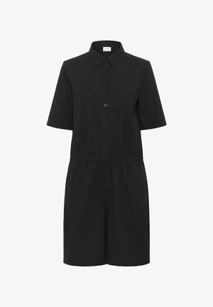 Sort kortærmet jumpsuit med knaplukning foran, krave og justerbar talje. Har en enkelt brystlomme og en afslappet pasform.
