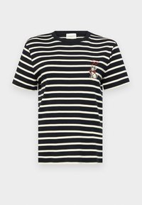 Pruhované tričko v námořnické a krémové barvě z bavlny, s kulatým výstřihem a výšivkou psa s červenou mašlí.