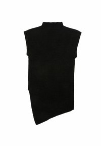 Schwarzer ärmelloser Rollkragenpullover mit gerippter Textur, asymmetrischem Saum und hochgeschlossenem Design.