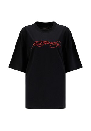 Zwarte oversized t-shirt van katoen met rode geborduurde "Ed Hardy" tekst over de borst. Korte mouwen en een ronde halslijn.