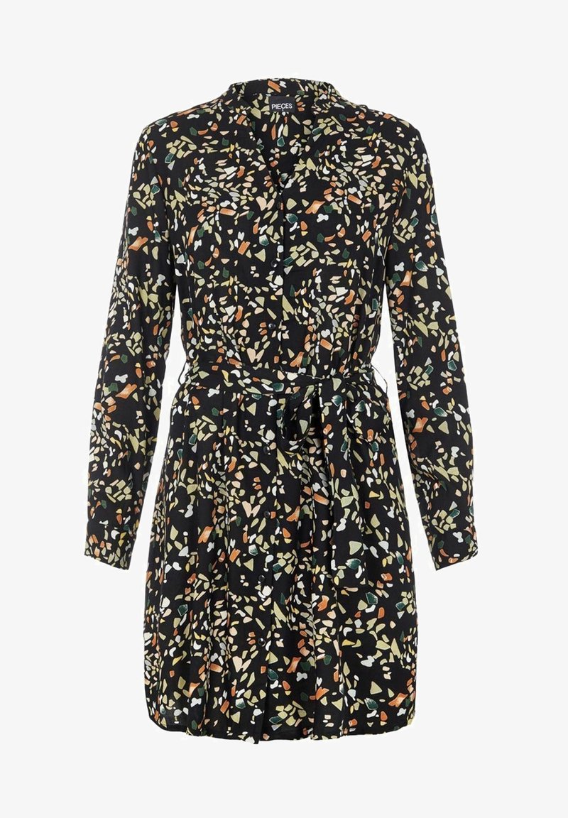 Robe noire à manches longues ceinturée avec imprimé floral abstrait multicolore et boutonnage à l'avant.