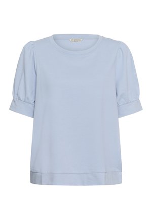 Svetlo modra bluza s kratkimi rokavi, napihnjenimi rokavi in z manšetami na koncih, okrogel izrez in raven rob.
