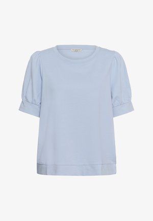 Blouse à manches courtes bleu clair avec manches bouffantes et extrémités à revers, col rond, et ourlet droit.
