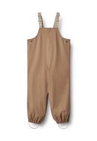 Salopette imperméable marron pour enfants avec bretelles beige réglables et poignets élastiques avec sangles aux chevilles.