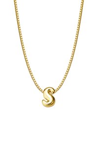 Zelta ķēdes kaklarota ar viļņainu burta "S" piekari. Dizains ir elegants, ar gludu tekstūru un atstarojošu virsmu.