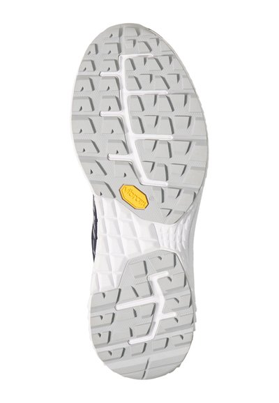 Shoe sole with gray geometric tread patterns and a yellow Vibram logo near the center, designed for traction and durability.