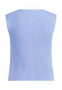Light blue sleeveless top made of ribbed knit fabric, featuring a round neckline and a clean, simple design with no visible embellishments.