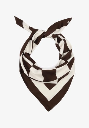 Foulard carré en soie avec motif géométrique en damier marron et blanc, plié et noué en un nœud lâche.