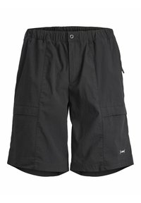 Short cargo noir avec une taille élastique, un bouton à l’avant, des poches latérales et un petit logo sur le bas de la jambe droite.