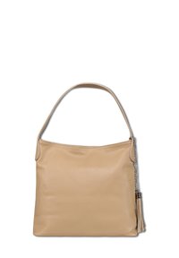 Beige leren schoudertas met een soepele textuur, bovenste ritssluiting en een decoratieve tasselaccent aan de zijkant.