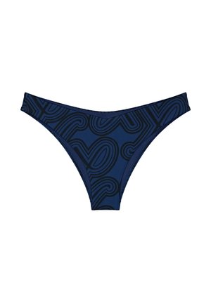 Tmavě modré spodní díl plavek s vysokými průstřihy na bocích a abstraktními černými čarami po celé látce.