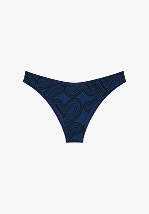 Tmavě modré spodní díl plavek s vysokými průstřihy na bocích a abstraktními černými čarami po celé látce.