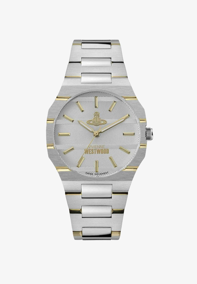 Silver stainless steel watch with gold accents, textured silver dial, raised hour markers, and a bold logo at the center.