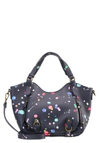 Nahkalaukku tummansinisellä pohjalla, jossa on monivärinen pistekuvio, pyöreä muoto, kaksinkertaiset kahvat ja irrotettava hihna. Varustettu kultasävyisillä metalliosilla.