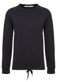 Sudadera negra de manga larga, con cuello redondo y detalle de cordón en el dobladillo. Fabricada en una tela suave con puños acanalados.