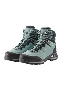 Scarpe da trekking turchesi con suole in gomma nera, punte rinforzate, ganci metallici per i lacci e colli imbottiti per comfort e supporto.