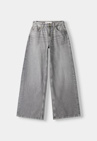 Gray wide-leg jeans made of denim, featuring a high waist, two front pockets, and visible stitching details on the seams.