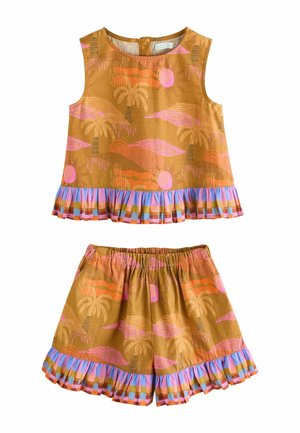 Sleeveless brown top and matching shorts set with pink palm tree and sun patterns, both featuring a blue and orange striped ruffle hem.