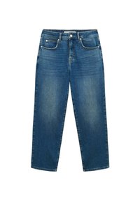 Jeans in denim leggermente blu con design a gamba dritta, stile a cinque tasche e chiusura con bottone in vita. Texture invecchiata su tutta la superficie.