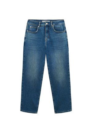 Light blue denim jeans with a straight-leg design, five-pocket styling, and a button closure at the waist. Distressed texture throughout.