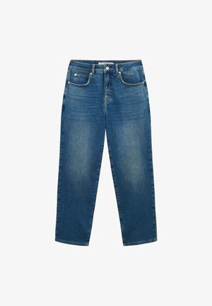 Helle blaue Denim-Jeans mit geradem Bein, fünf Taschen, und einer Knopfverschluss am Bund. Überall mit einem used-Look.