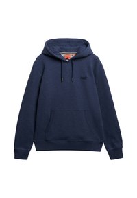 Sudadera con capucha azul marino fabricada con tejido suave, que incluye un bolsillo canguro frontal, capucha ajustable con cordón y un pequeño logo en el pecho.
