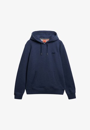 Marineblauer Hoodie aus weichem Stoff mit einer Kängurutasche vorne, verstellbarer Kapuze mit Kordelzug und einem kleinen Logo auf der Brust.