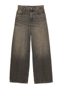 Široke jeans hlače iz izbledelih črnih denim; visoko pasu z zadrgo in gumbom; vsebuje dve sprednji žepu in zanke za pas.
