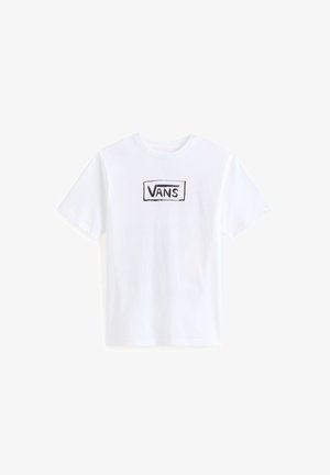 Camiseta de algodón blanca con un logo rectangular negro que lleva el texto "VANS" en el centro. Cuello redondo clásico y mangas cortas.