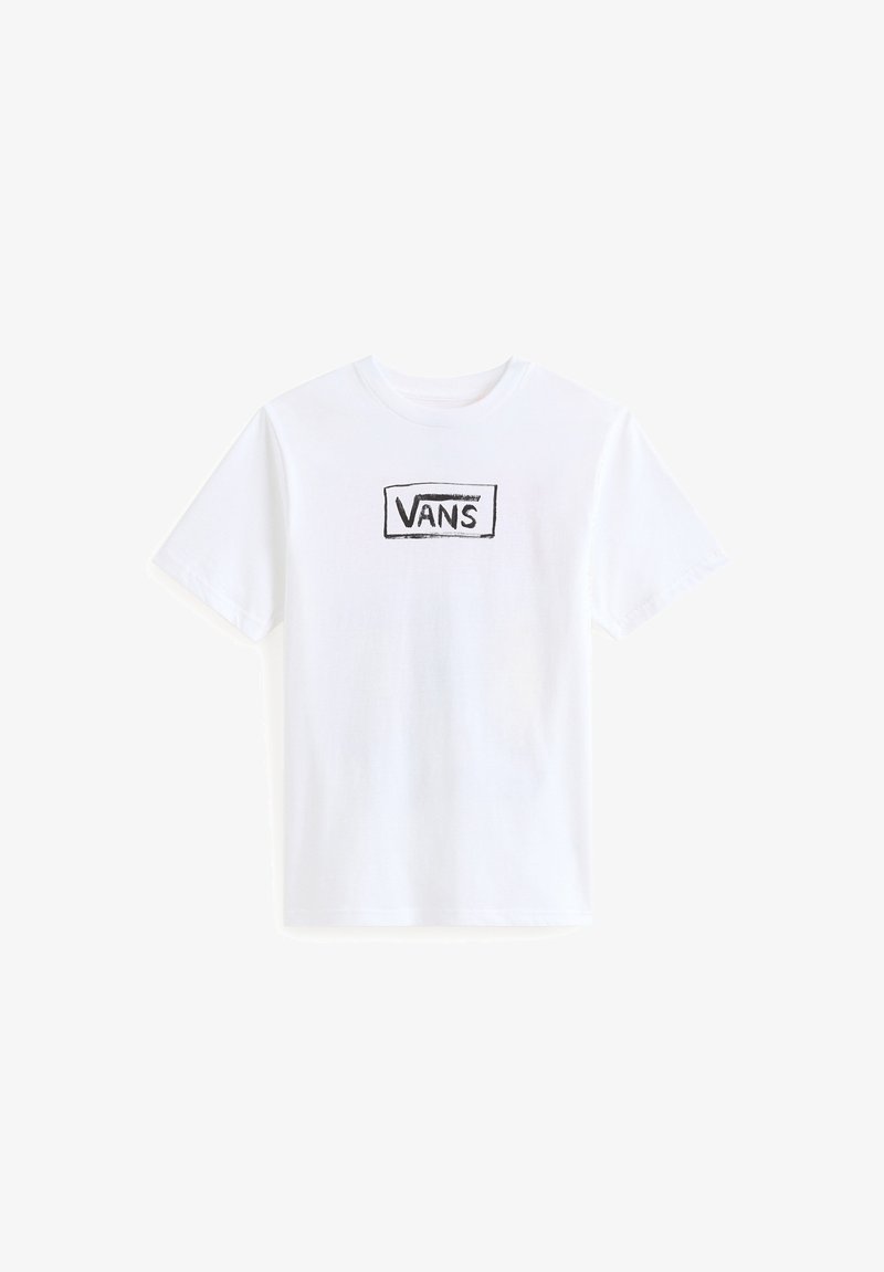 T-shirt en coton blanc avec un logo rectangulaire noir portant le texte "VANS" au centre. Encolure classique et manches courtes.