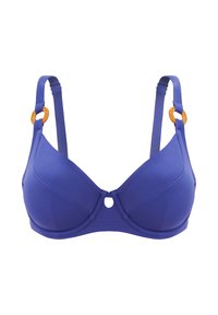 Soutien-gorge rembourré violet avec bretelles ajustables, présentant des accessoires ronds orange et une découpe en forme de clé au centre. Texture lisse.