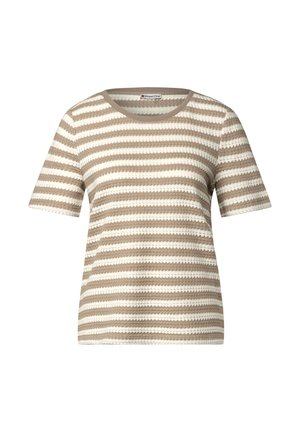Beige- und cremefarbener gestreifter T-Shirt mit kurzen Ärmeln und rundem Ausschnitt, aus strukturiertem Stoff in einem horizontalen Muster.