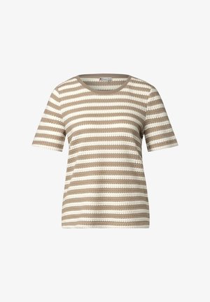 Béžové a krémové pruhované tričko s krátkým rukávem a kulatým výstřihem, vyrobené z texturované látky s vodorovným vzorem.