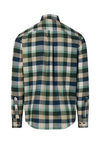 Koszula z długim rękawem w kratę z granatowymi, zielonymi, beżowymi i białymi kwadratami. Wykonana z miękkiej tkaniny, z mankietami na guziki i kołnierzem.