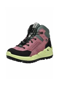 Bota de senderismo con gamuza rosa y acentos negros, cuello de textil gris y suela de goma verde lima. Cuenta con un sistema de cordones rápido.