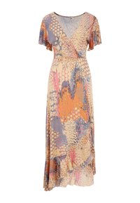 Maxi šaty s hlbokým V-výstrihom, krátkymi volánovými rukávmi a voľnou sukňou. Obsahujú pestrý zvierací vzor v oranžovej, ružovej a sivej farbe na béžovom pozadí.