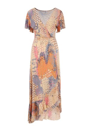 Maxikleid mit tiefem V-Ausschnitt, kurzen schwingenden Ärmeln und einem fließenden Rock. Merkmale eines mehrfarbigen Tierdrucks in Orange, Pink und Grau auf einem beigen Hintergrund.