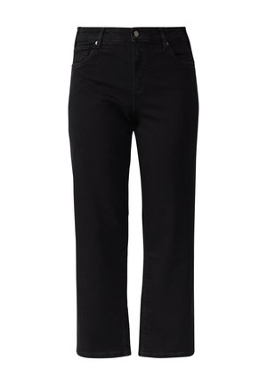 Pantaloni in denim nero con un design a gamba dritta, caratterizzati da una chiusura con bottone, passanti per la cintura e due tasche frontali. Texture liscia con dettagli minimi.