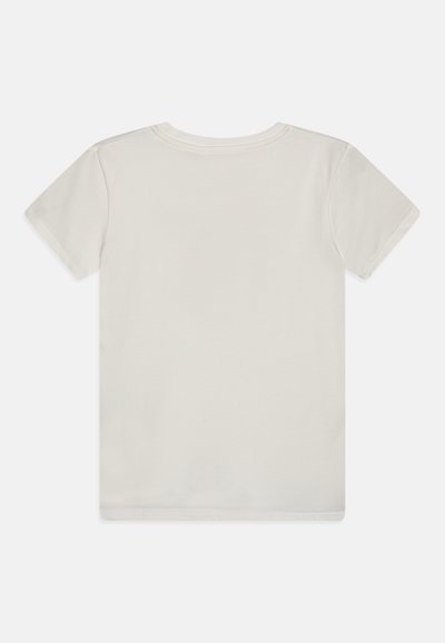 T-shirt à manches courtes et col rond en coton écru. Texture lisse avec un design simple, sans motifs ni accents visibles.