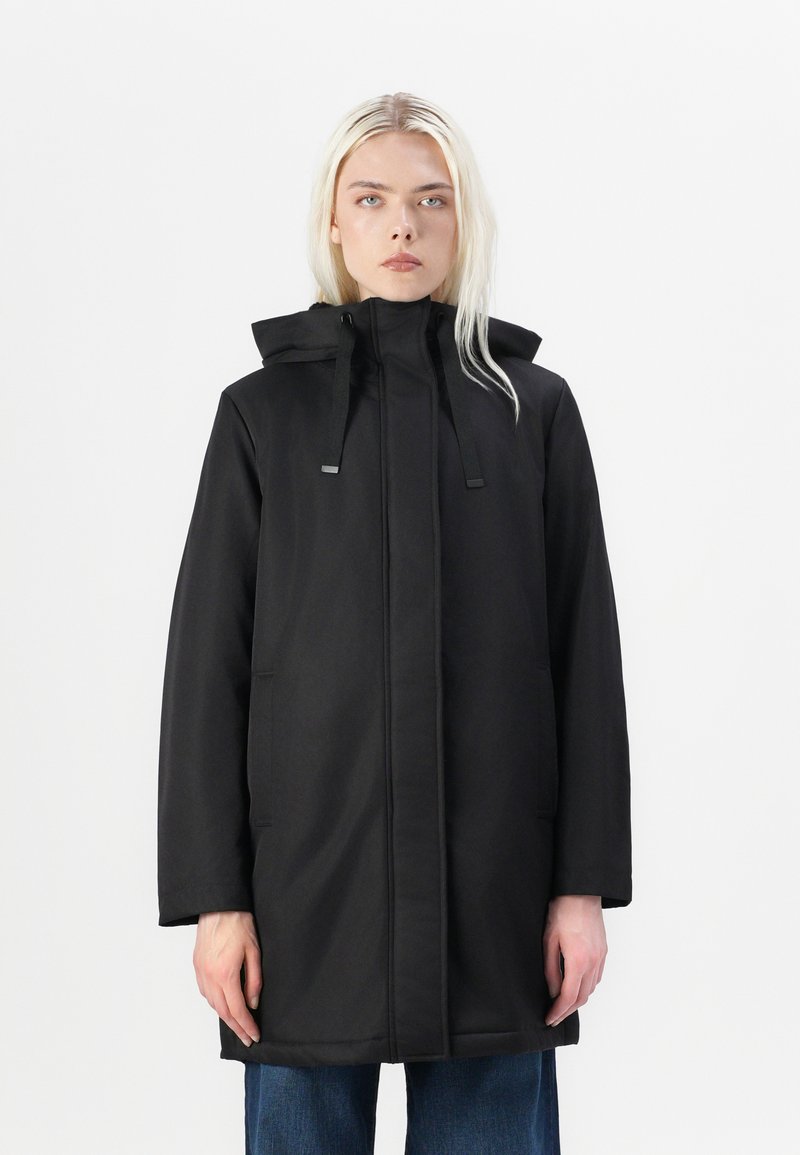 Black parka jacket with a hood, featuring a front zipper, drawstrings, side pockets, and a relaxed fit. Smooth, matte texture.