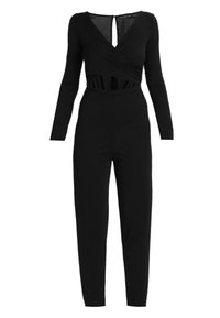 Mono negro de manga larga con diseño envolvente, cintura con corte, y piernas ajustadas con una textura de tela suave. Escote ajustable.