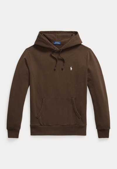 Brun Polo Ralph Lauren hættetrøje med frontlomme, snørre i hætten og lille hvid broderet logo på brystet.