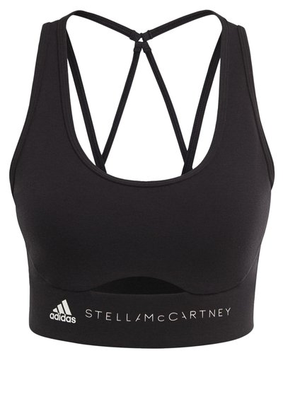 Black sports bra with a scoop neck, crossed straps at the back, and a wide band featuring "adidas" and "STELLAMCCARTNEY" logos.