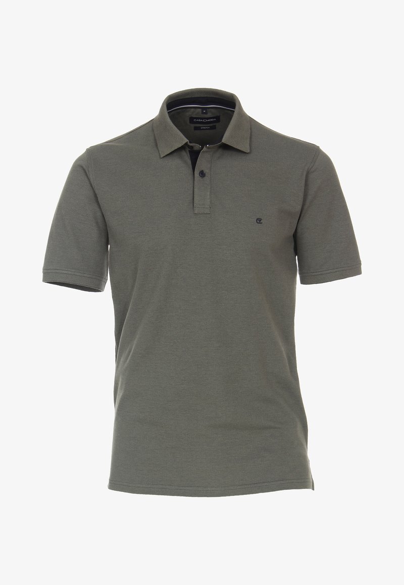 Polo gris en tissu doux et extensible. Présente une patte de boutonnage à trois boutons, des manches courtes et un logo discret sur la poitrine.